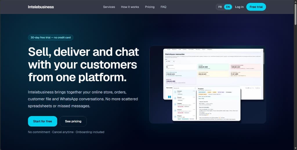 Intelebusiness landing page presenting the all-in-one platform for connected commerce