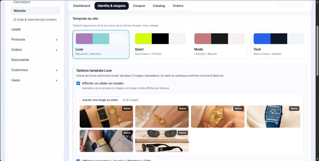 Intelebusiness storefront customization screen with Luxury, Sport, Fashion, and Tech templates