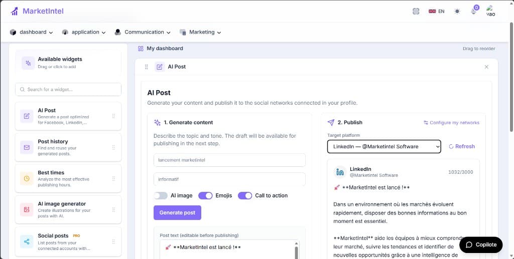 MarketIntel AI post generation and publishing module