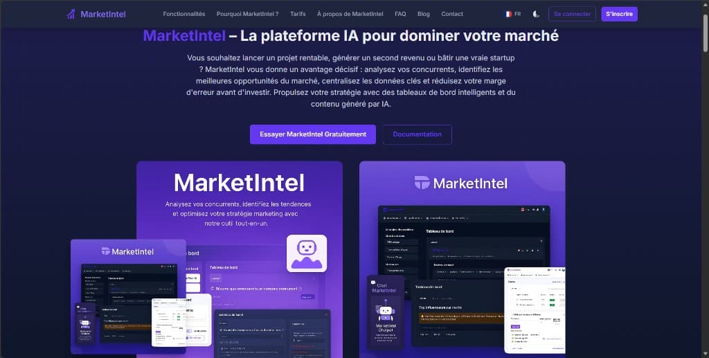 MarketIntel landing page presenting the market analysis platform