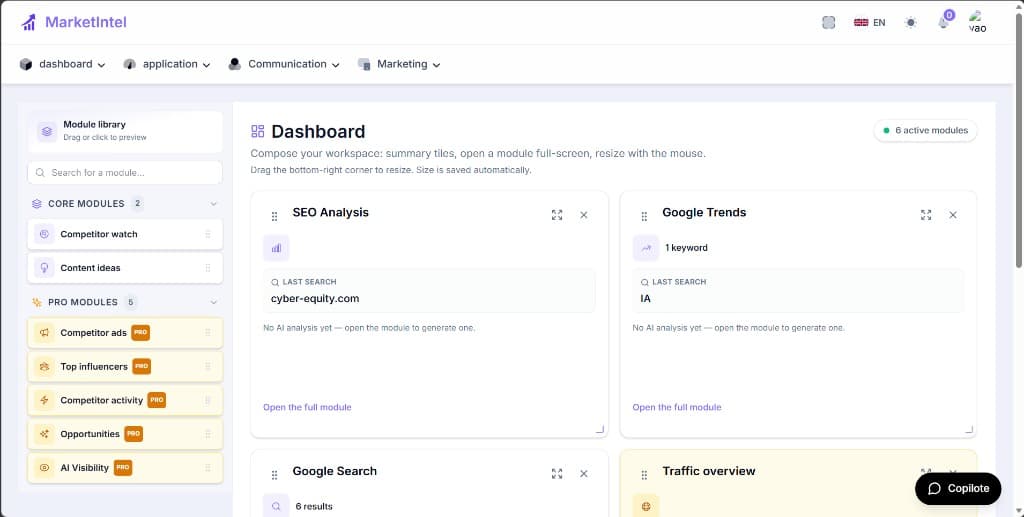 MarketIntel modular dashboard with SEO and Google Trends modules
